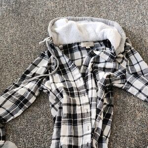 Plaid Button Down Shirt with Hood